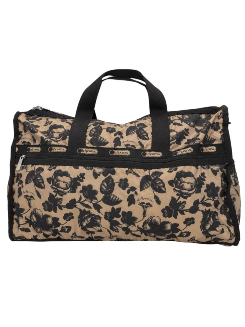 Lesportsac Tan Black Floral Duffle Bag Large Travel Weekender Nylon